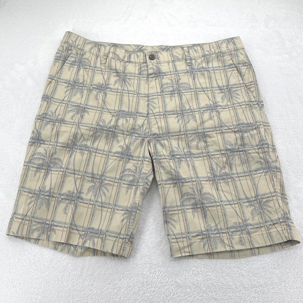 Caribbean Mens Plaid Palm Tree Shorts Tan Blue‎ Tropical Flat Front Size 42